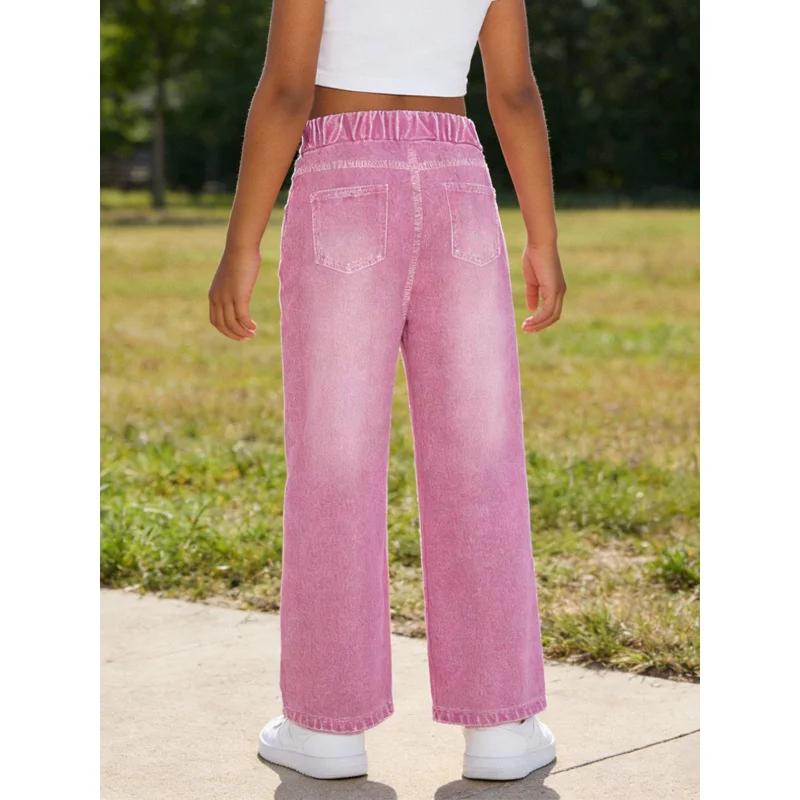 2026Children's Pink Imitation Denim Wide-Leg Pants White Bowknot Embroidery Decoration