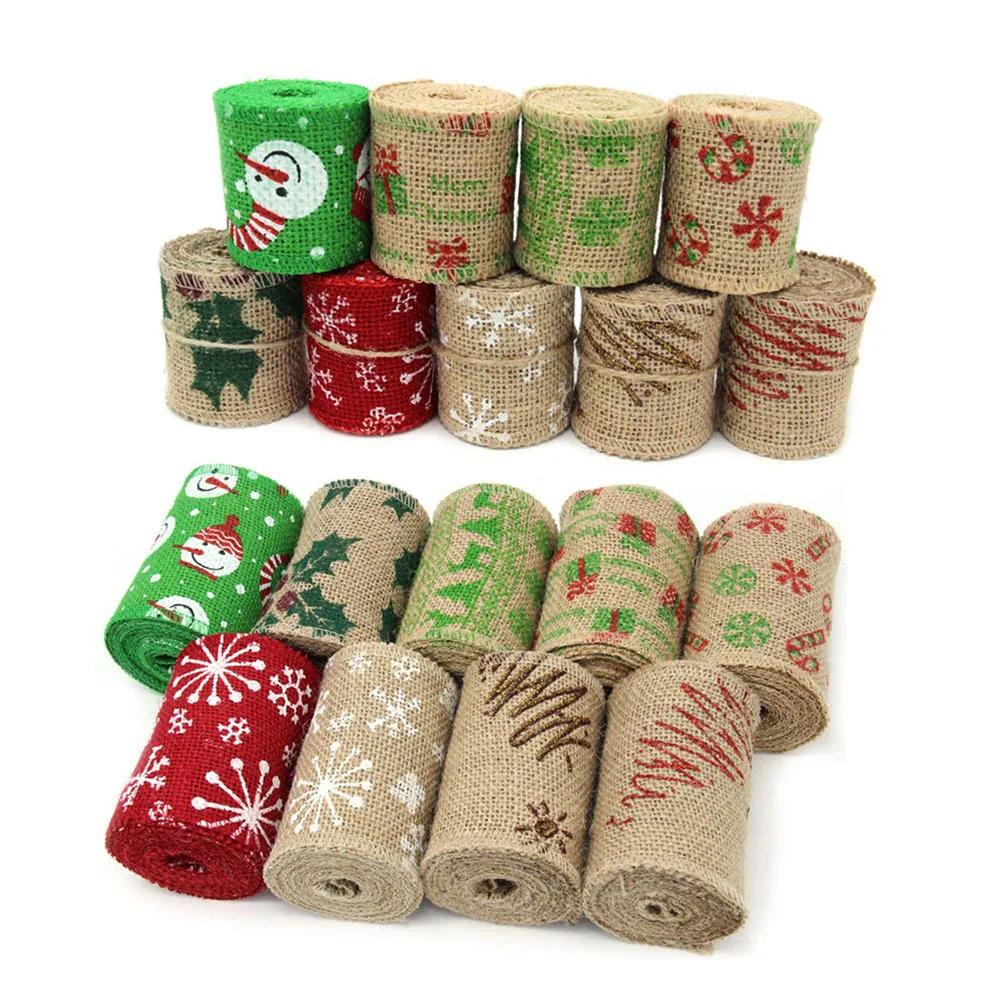 

2 Rolls Retro Printing Linen Strips DIY Handmade Gift Bowknot Linen Rolls Christmas Party Decorative Ribbon Snowflake Leaf