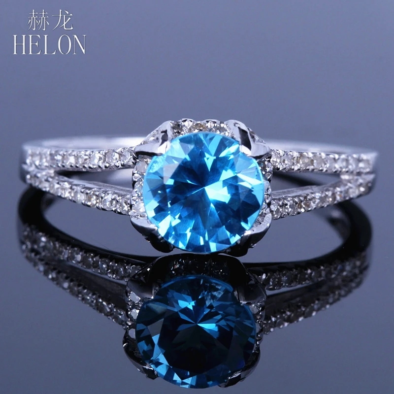 

HELON Solid 14K 10k White Gold Round 6mm Blue Topaz Diamonds Engagement Wedding Ring For Women Birthday Anniversarry Best Gift