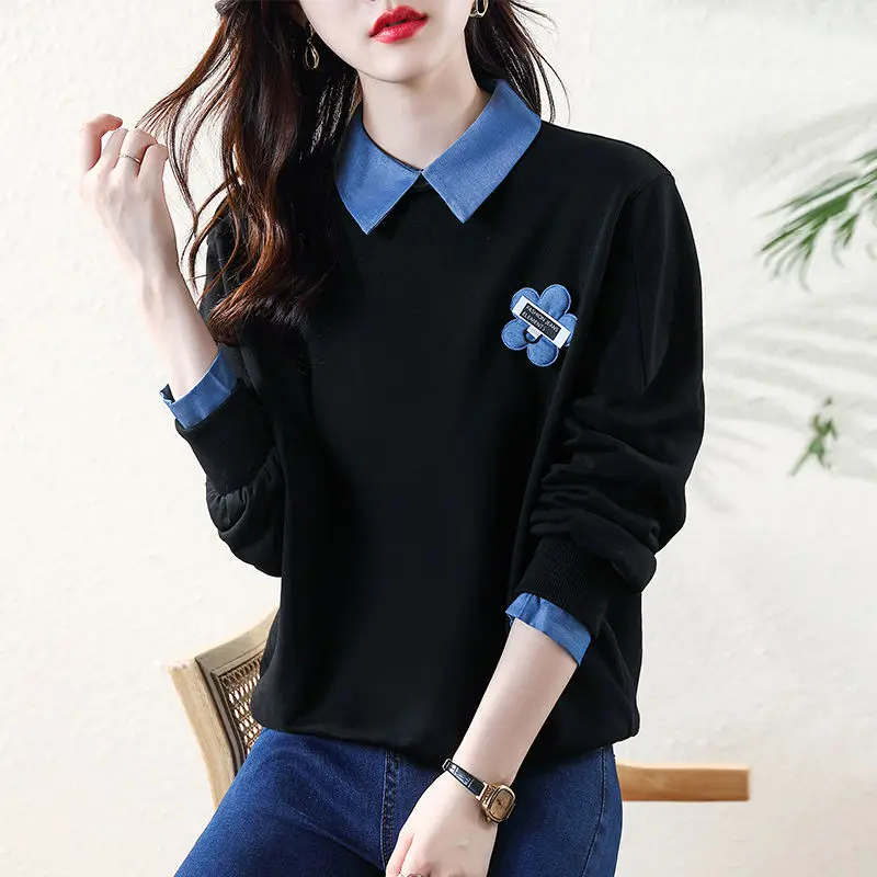 Autumn Winter Women\'s Casual Polo-Neck Sweatshirts Korean All-match Fake Two Pieces Solid Color Spliced Tops Female Clothing