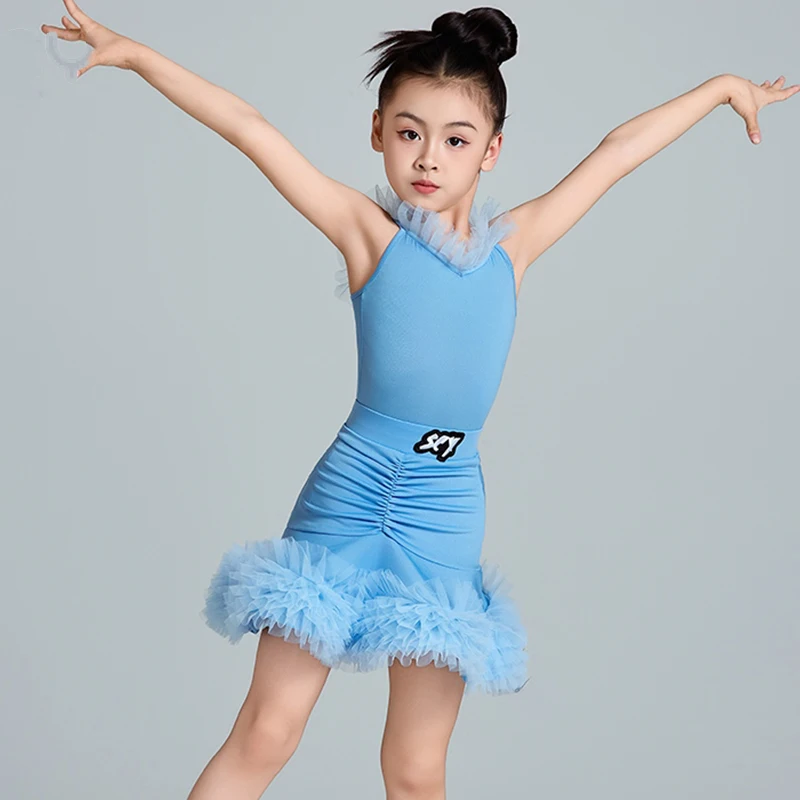 Terno de dança latina crianças azul verão competição vestido babados saia menina desempenho wear cha cha rumba traje palco vdl3411