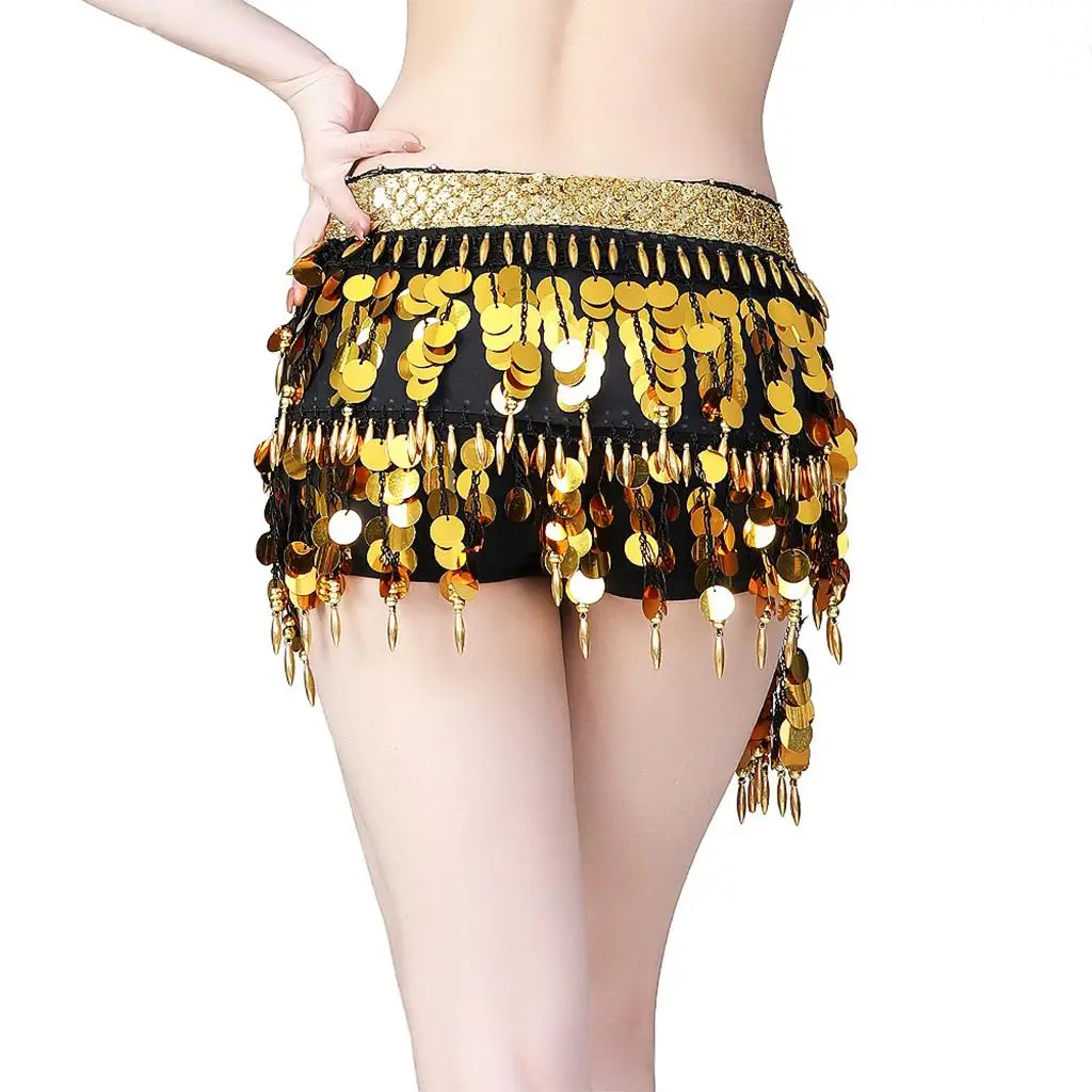 Belly Dance Chiffon Hip Scarf Sequin Tassel Skirt Wrap Belt for Performance and Practice