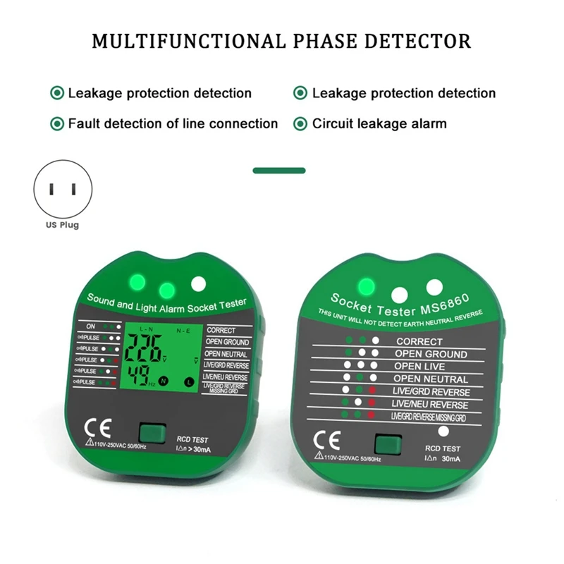 Socket Tester Voltage 30Ma RCD Leakage Test Smart Detector Zero Line Plug Polarity Phase Check Tool US Plug