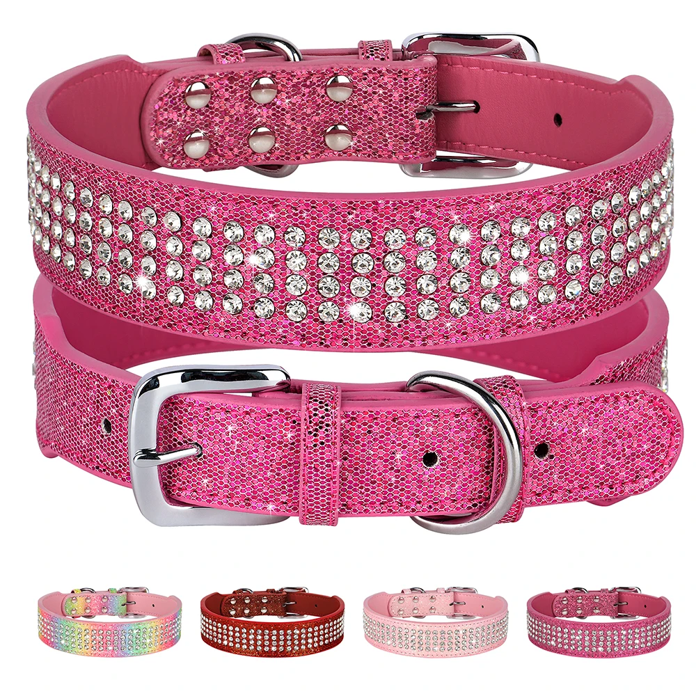 Rhinestone Leather Dog Collar Bling Crystal Wide Pet Collar 4 Row Full Diamond Dog Collars for Small Medium Large Dogs Pitbull