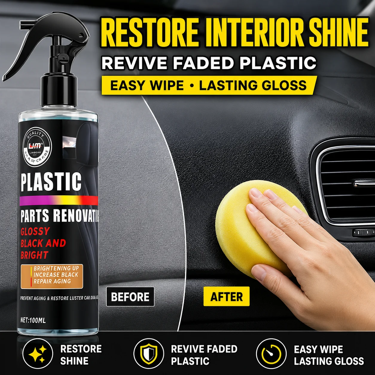Car Plastic Renovation Spray, Anti-Aging Brightening Restorer For Dashboard Door Trim Tire Rubber Parts Refurbish Polish