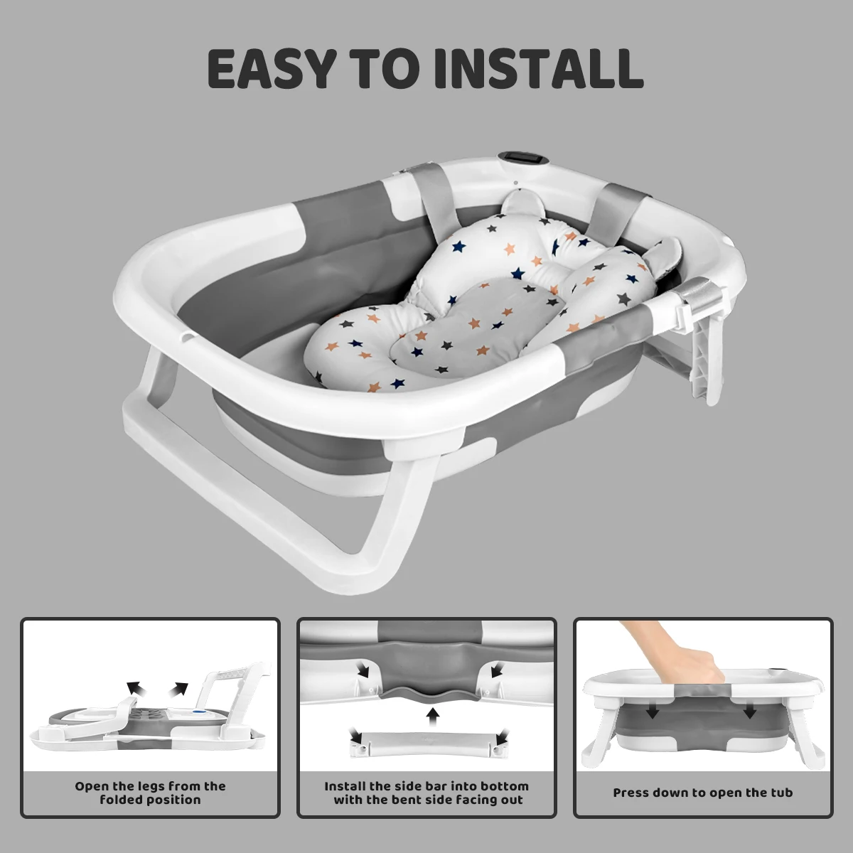 حوض استحمام للأطفال، خفيف الوزن وقابل للطي، حوض استحمام محمول، لعرض درجة الحرارة، مزود بوسادة حمام وفتحة تصريف