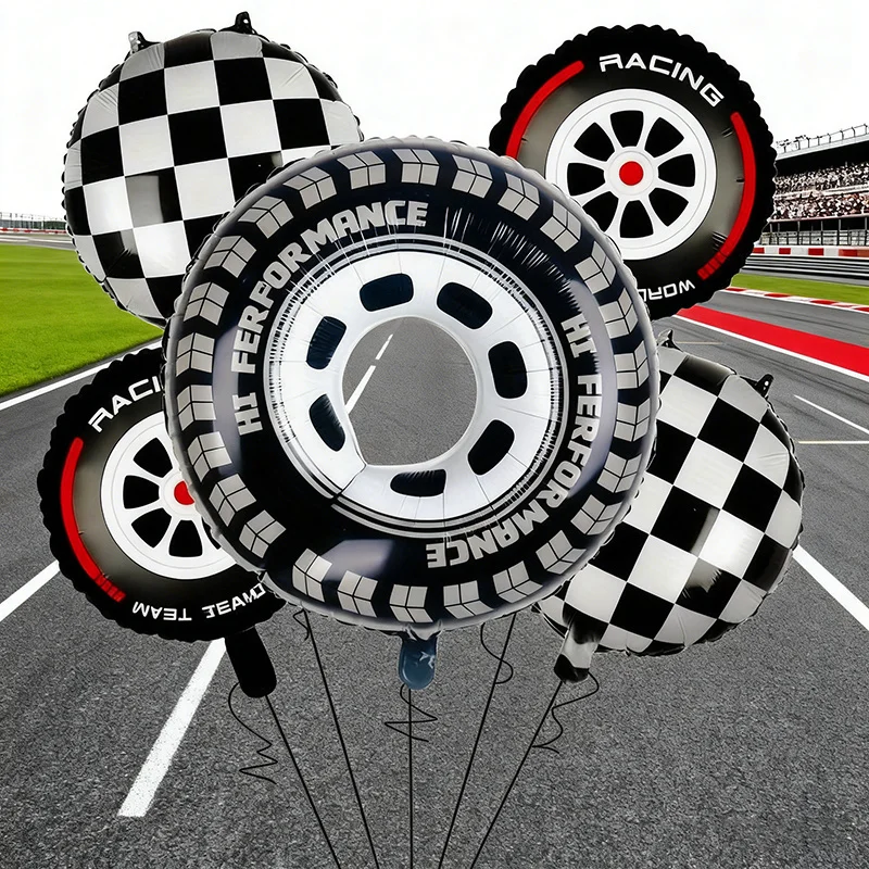 5-teiliges Rennwagen-Themenparty-Deko-Set: Motorradhelm, Reifen, Rad-Folienballons, Hot Wheels Geburtstagszubehör, Zwei Schnelle Geburtstagsdekorationen – Detail 4