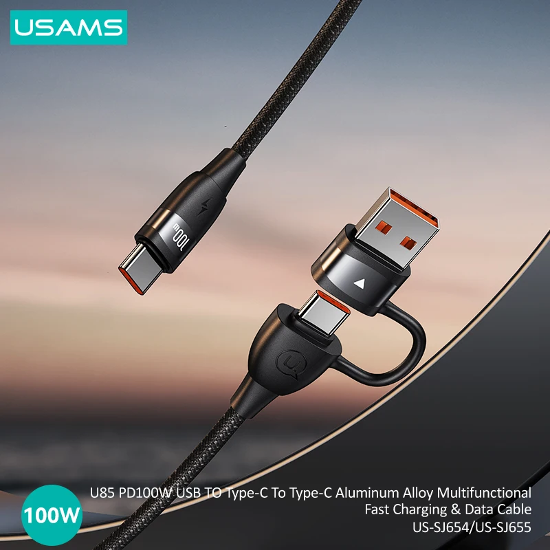 USAMS-Câble de charge rapide et de données U85 PD, USB vers Type-C vers Type-C, 2 en 1, adapté pour ordinateur, tablette, téléphone, montre, Huawei, 100W, 2m