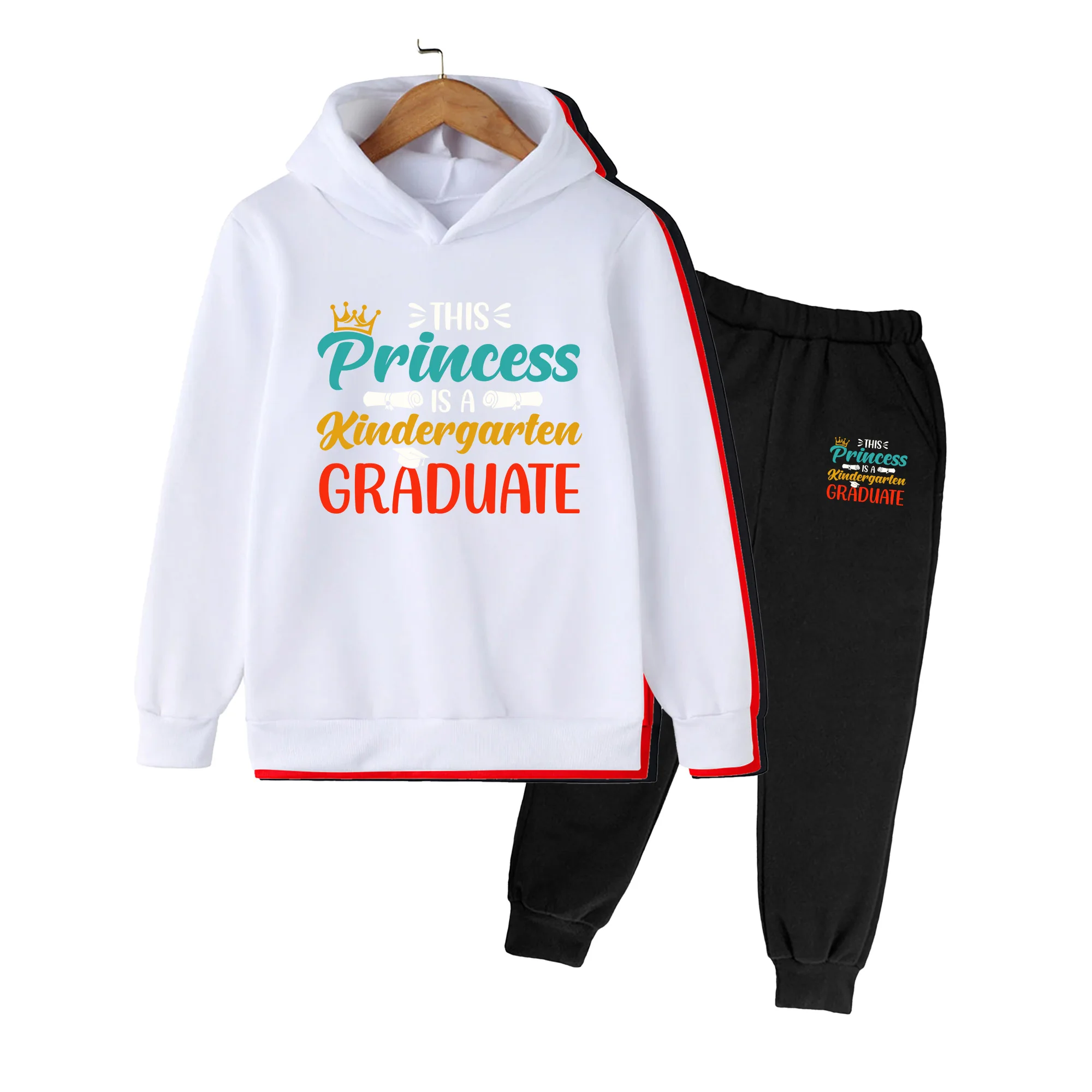 Kindergarten Graduate Print Hoodie & Pants Set, Unisex Kids Casual Outfit for Graduation Ceremony