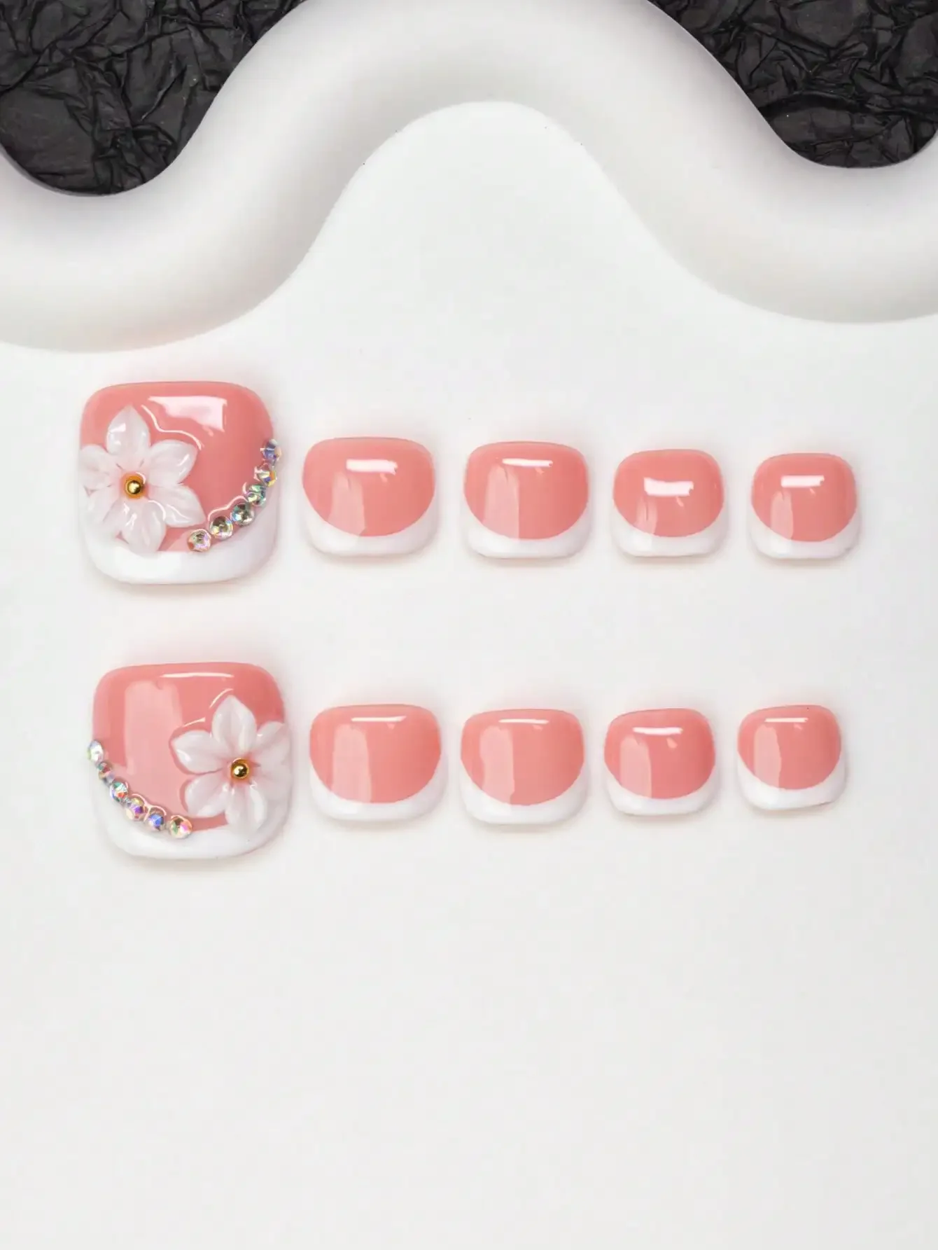 

10pcs/Set Handmade Y2K Chic Nail Stickers, Nude & White French Tip Nail Wraps With Rhinestones & Floral Designs, Suitable For Pa