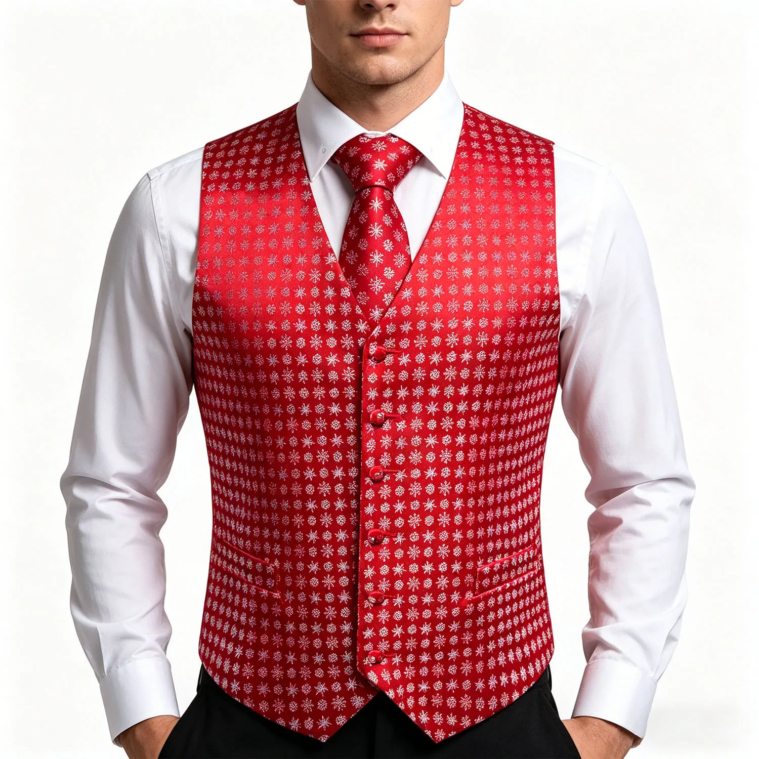 

Mens Red Green Christmas Snowflake Vest Party Wedding Floral Waistcoat Pocket Square Tie Suit Set