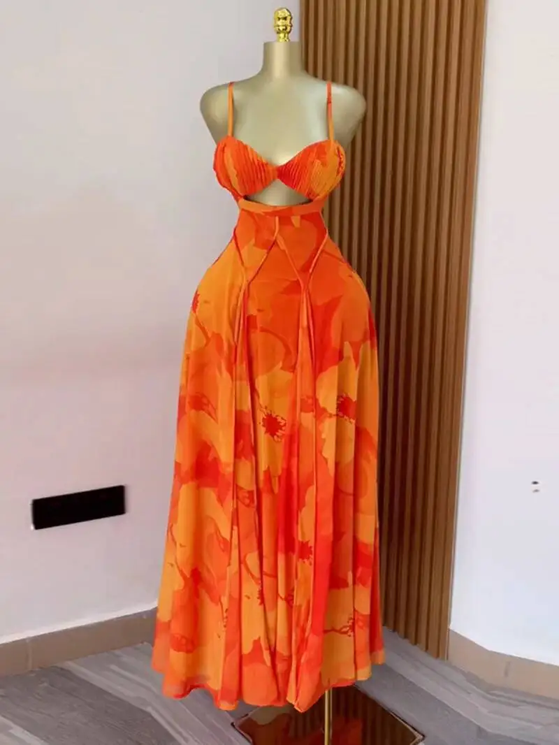 Frauen Floral Bedruckte Strap Backless Bh Vorne Große Schaukel Maxi Langes Kleid Vintage Sexy Club Party Abendkleider EWQ5