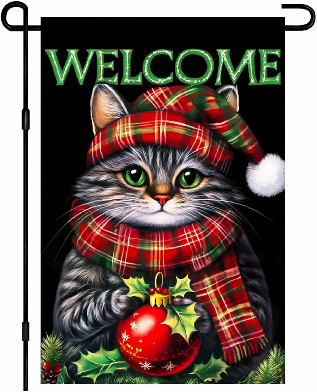 Merry Christmas Garden Flag 12x18 Inch Cute Cat in Plaid Hat Scarf Holding Ornament Flag Snowy Winter Outdoor Yard Decor Hou YYN