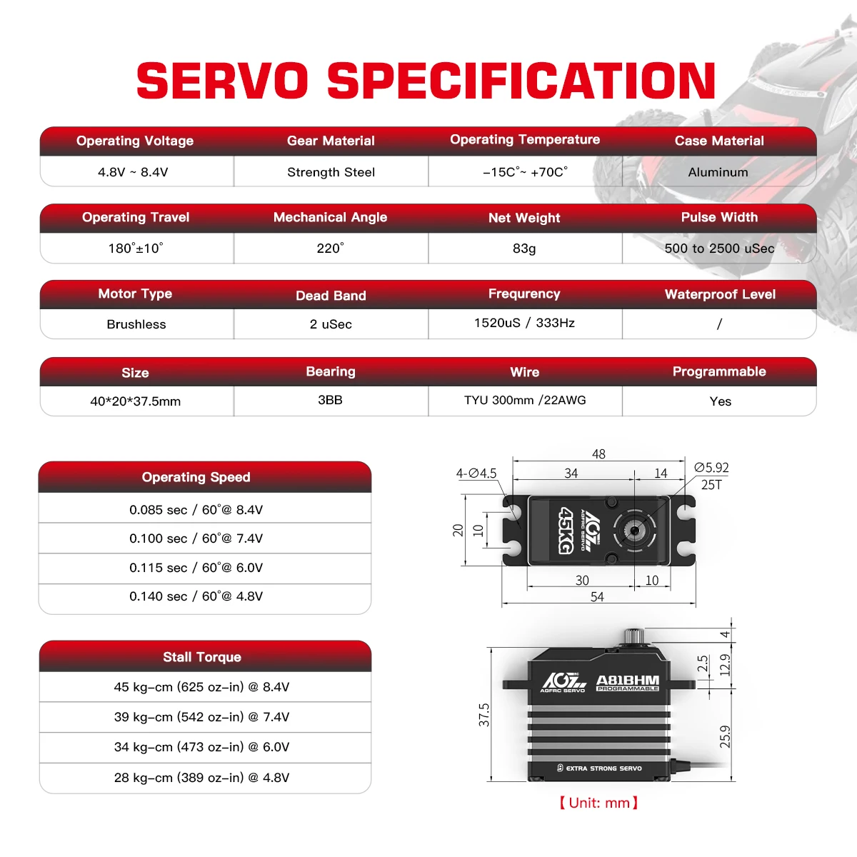 AGFRC Programmable A81BHM Steel Gear 45KG Monster Torque High Speed Brushless Servo for 1/8 Scale On Road Off road Truck