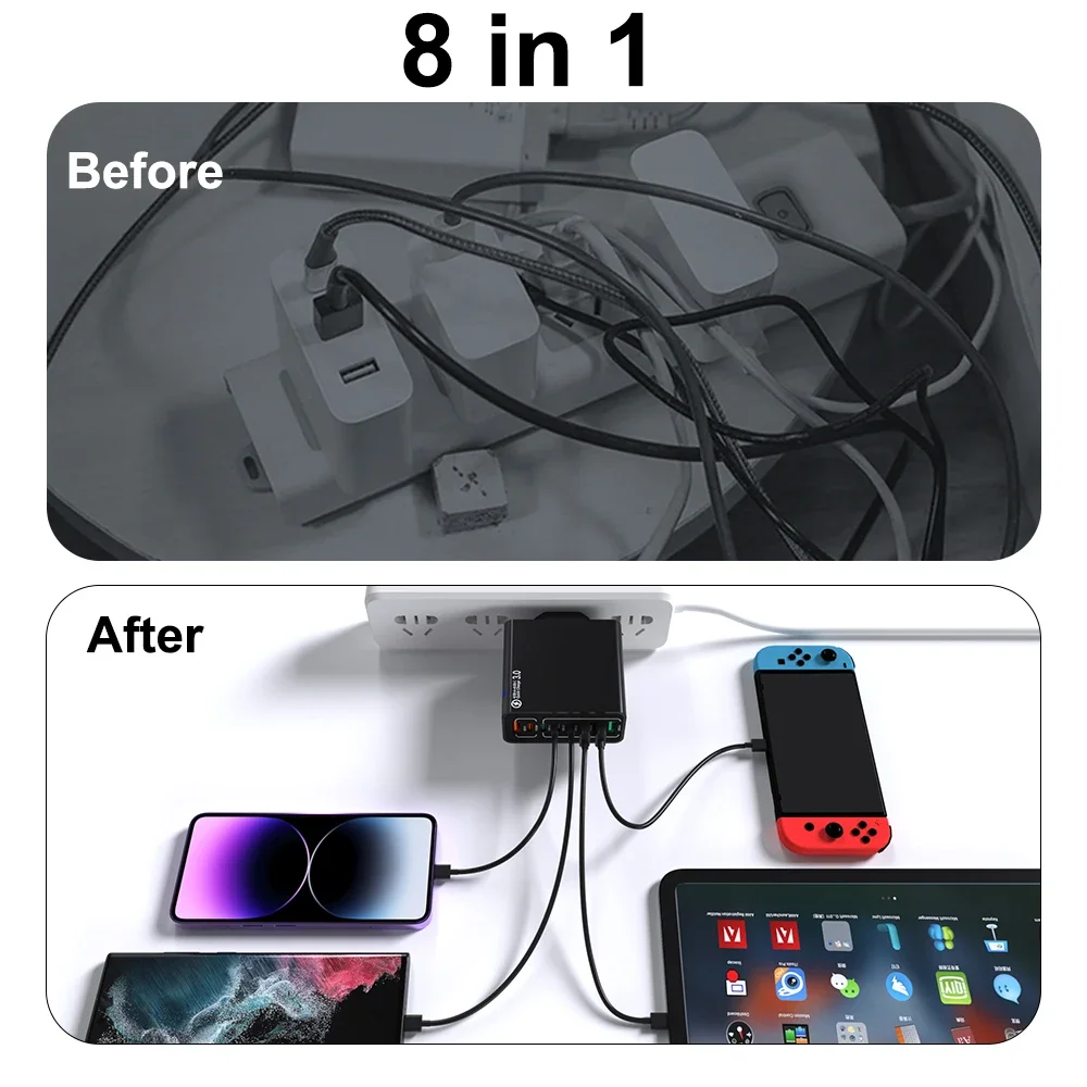 Total 65W USB Type C Charger Multi Ports PD Fast Charging Phone Charger Adapter For iPhone Samsung Xiaomi Huawei Quick Charger