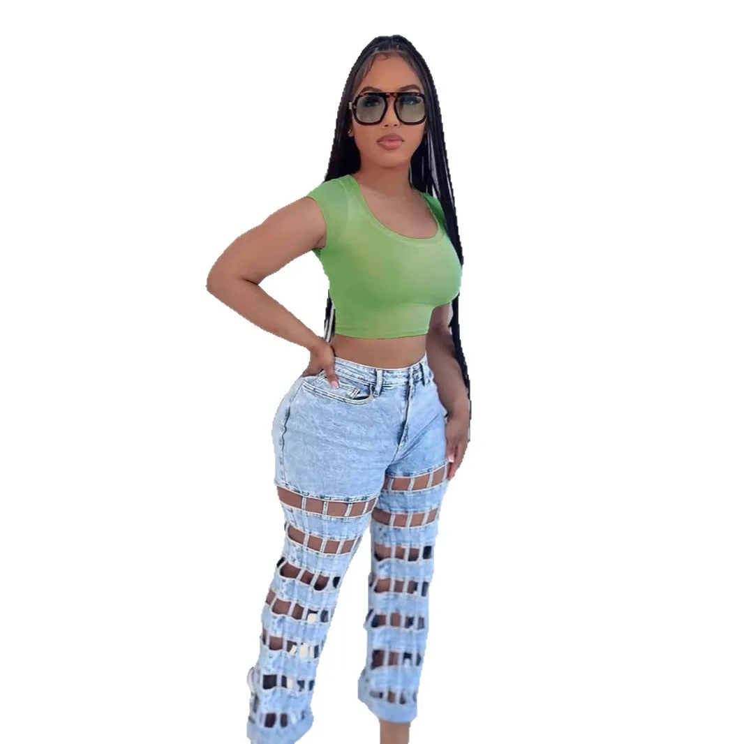 Celana Jeans Wanita Model Straight High Waist Vintage Ripped dengan Lubang dan Detail Distressed, Resleting, Panjang Ankle