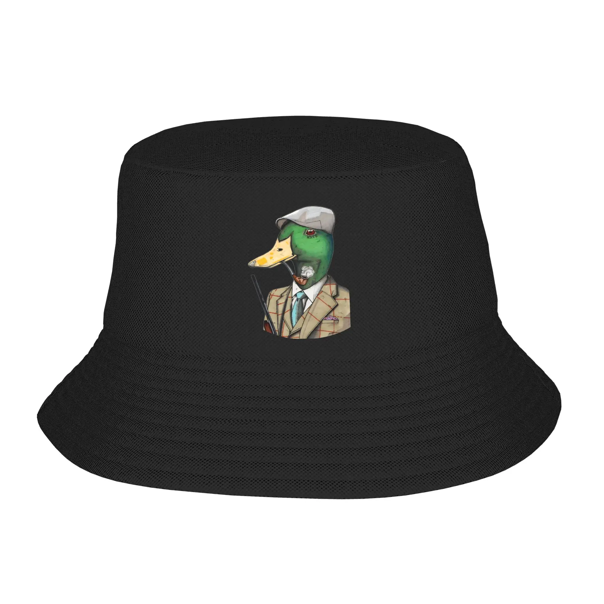 The Hunter Duck Mallard Smoking Animal Bucket Hats Spring Picnic Headwear Stuff  Fisherman Hat for Hiking Women Men Bob Packable