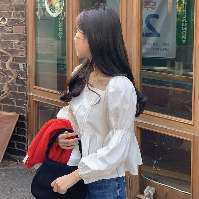 QWEEK Korean Style Casual White Short Shirt Elegant and Youthful Blouses Chic Puff Sleeve Square Neck Cozy Pretty Women Clothing