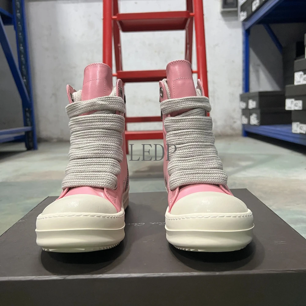 ブランドクラシックピンクレザーシューズ女性高級カジュアルハイトップスニーカーファッション分厚いレースアップジッパーアンクルブーツデザイナーシューズ