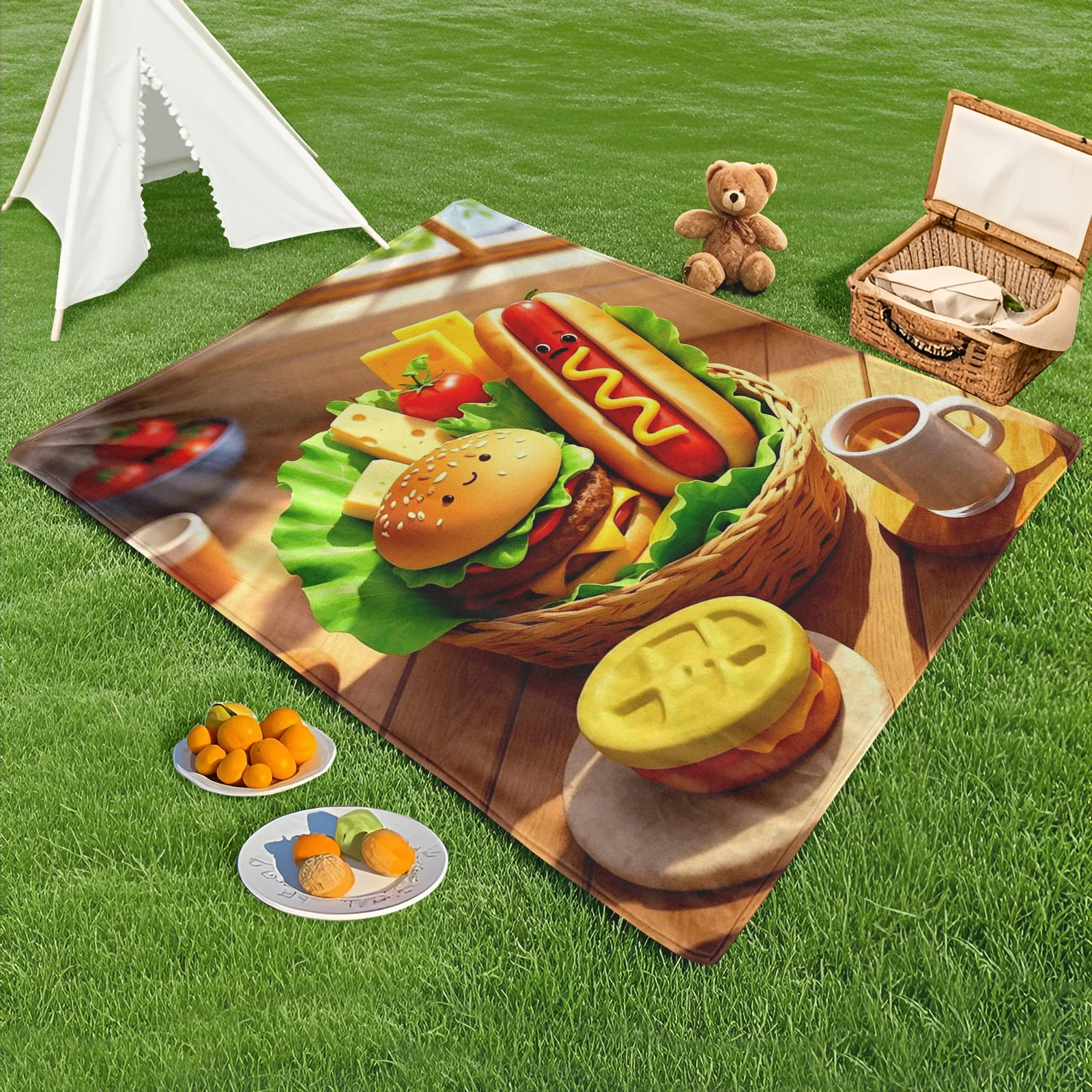 Cartoon Burger Hot Dog Basket Outdoor Blanket For Picnic Camping Adventure Warm Durable Design