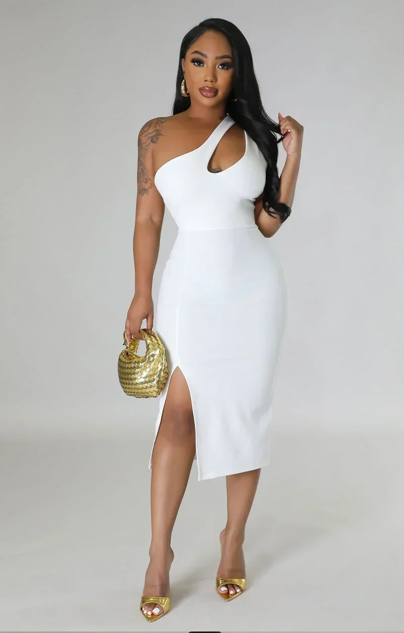 GUWU Sleeveless One Shoulder Cutout Skew Neck High Side Split Bodycon Midi Women Dress  Sexy Party Club Vestidos Dresses