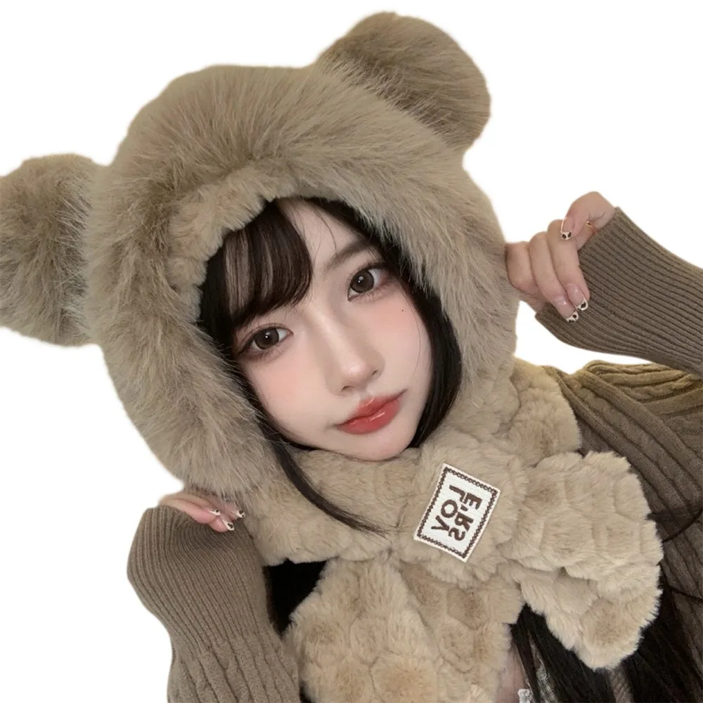 Set topi dan syal musim dingin berbahan plush, hangat, anti-angin, lembut, kasual, untuk luar ruangan