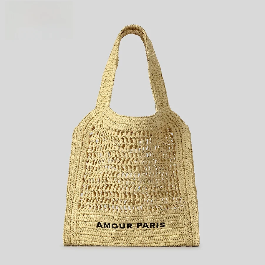 

Handwoven Large Capaci Tote Bag with Embroidered Letters Hollow out Design Beach Sandbag Faionable Summer 2025 Women's Bag