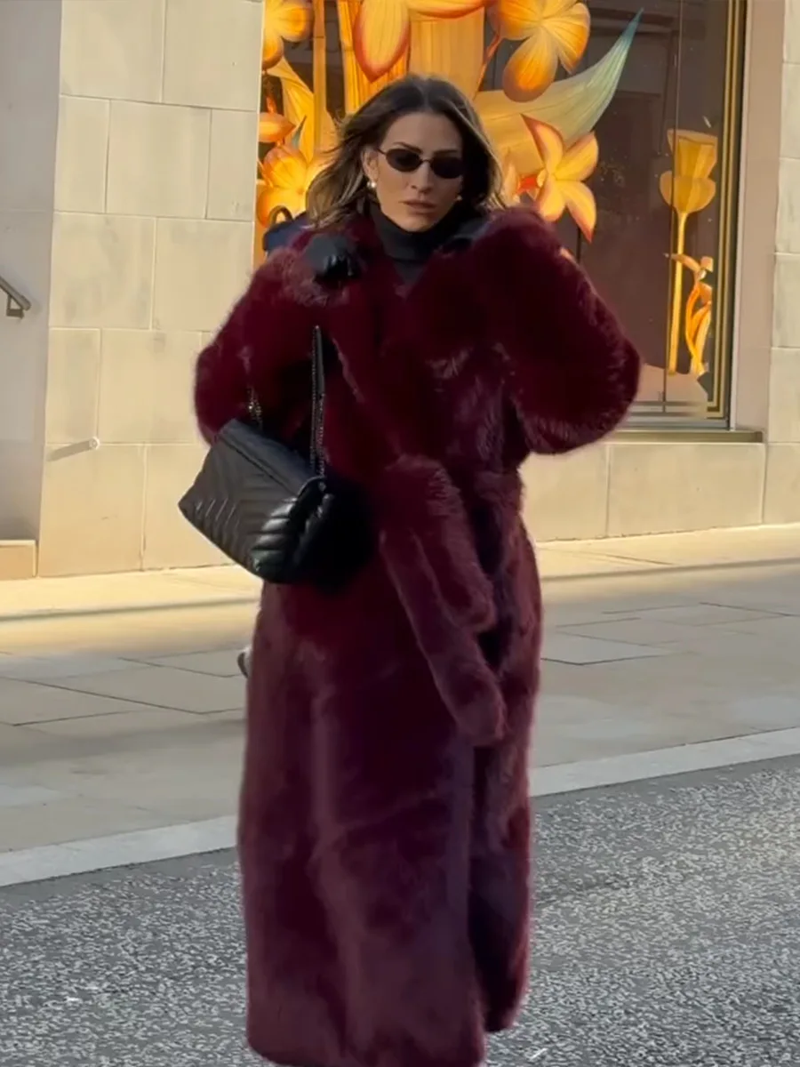 HDHOHR 2026 Winter Elegant Luxury Chic Thick Warm Long Cool Red Faux Fox Fur Coat Women High Quality Fluffy Fox Fur Jacket