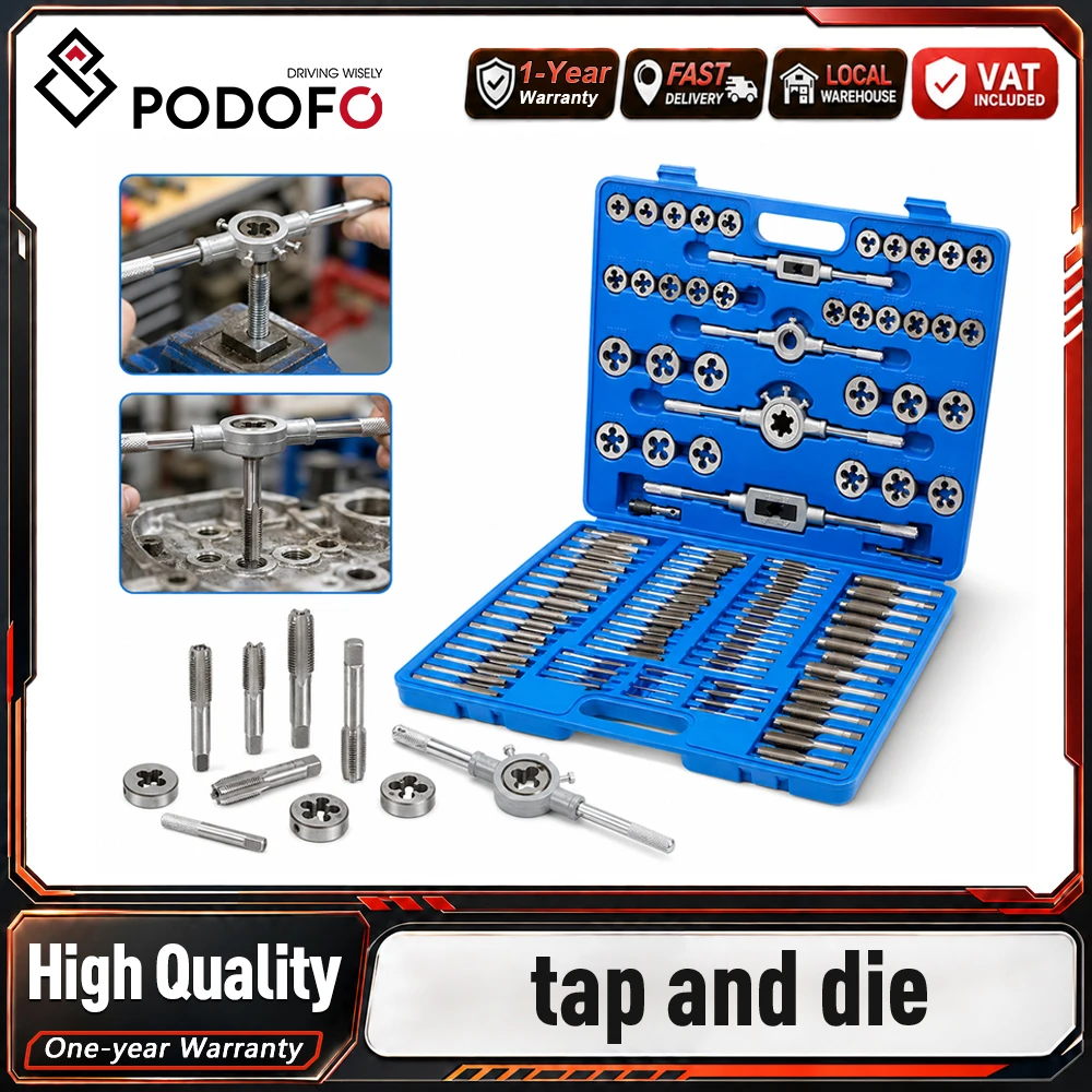 Juego de Machos y Terrajas Podofo de 110 Piezas, Kit de Herramientas para Roscado, Corte y Reparación de Roscas, Caja de Herramientas con Soportes para Llaves de Machos, para Roscas Internas y