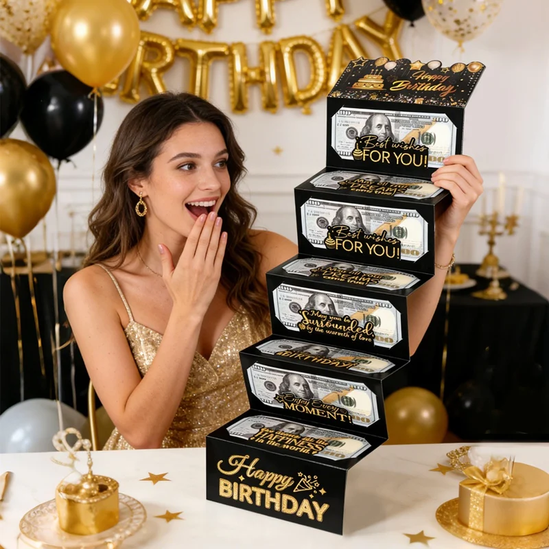 1 Set Schwarz-Goldene Faltbare Glückwunschkarten-Umschläge mit Glitzer-Kuchen-Design für Geldgeschenke, Geburtstagsfeier-Zubehör – Detail 1