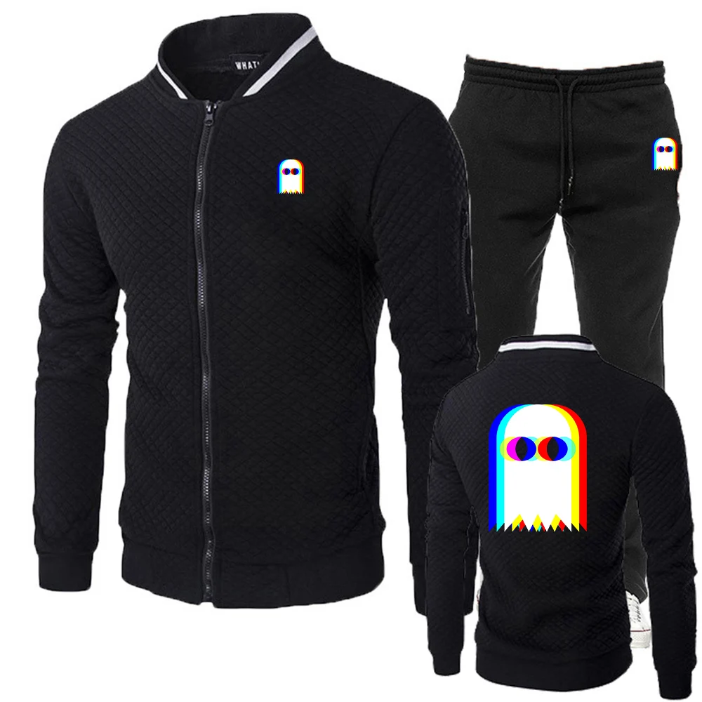 Funny Ghost Psychedelic Vaporwave Halloween EDM Music Round Neck Slim Zipper Hoodies Outdoor Sports Long Pants Suits
