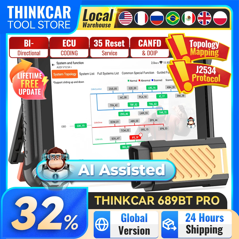 THINKCAR 689BT PRO Diagnostic Tools with Topology Map J2534 CANFD DOIP Protocol Full System OBD2 Scanner 35 Reset Lifetime Free