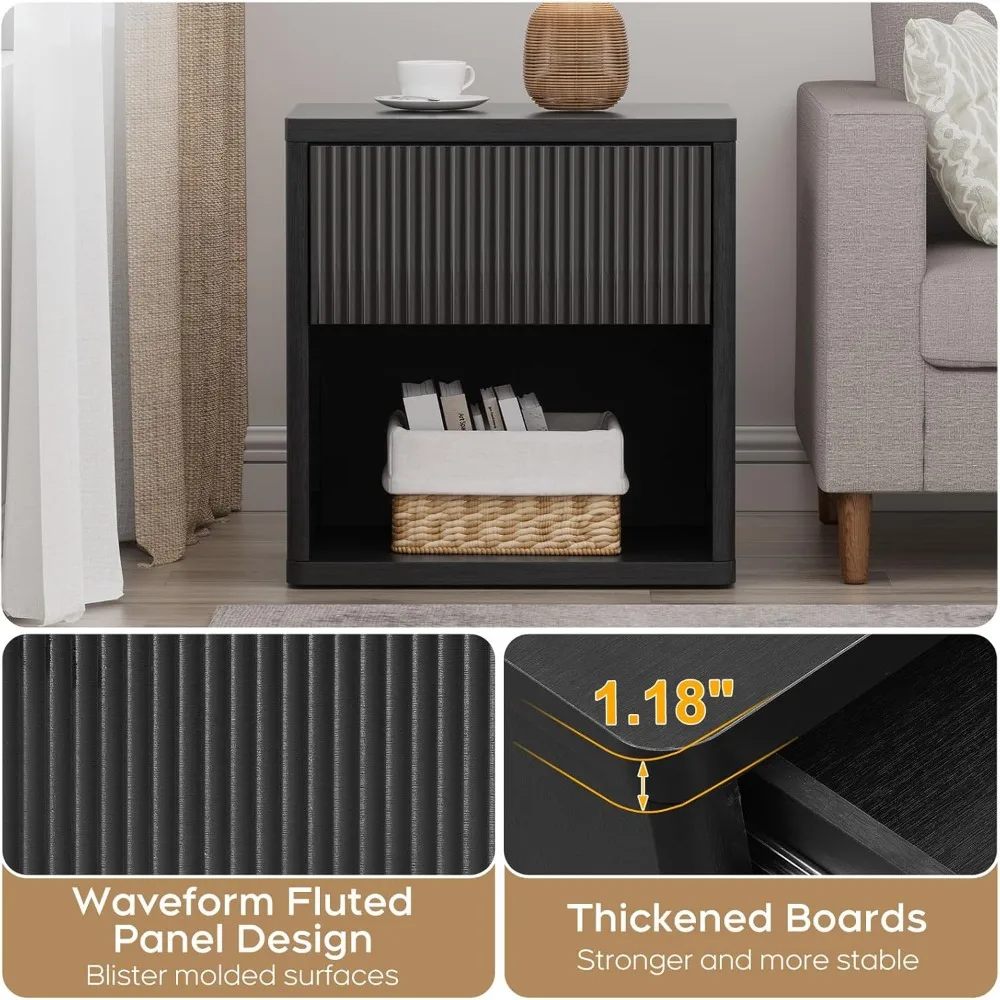 مجموعة من طاولات ليلية حديثة لمنتصف القرن مكونة من قطعتين، طاولات ليلية كبيرة سوداء مع أدراج مخفية وأرفف مفتوحة، تصميم منحني