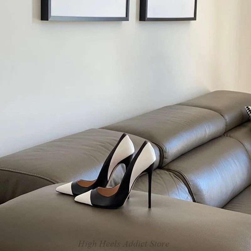 

Hot Chick Черно-белые кожаные туфли на высоком каблуке с острым носком 12 см, туфли-лодочки на шпильке большого размера, роскошные дизайнерские туфли для свиданий и вечеринок