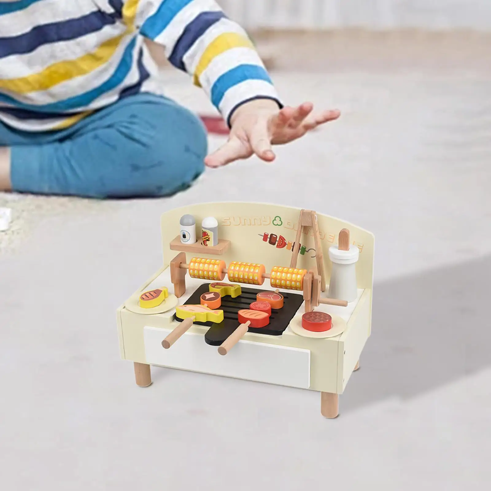 

Kids Grill Playset Grilling Tools Wooden Barbecue Play Food Boy Children