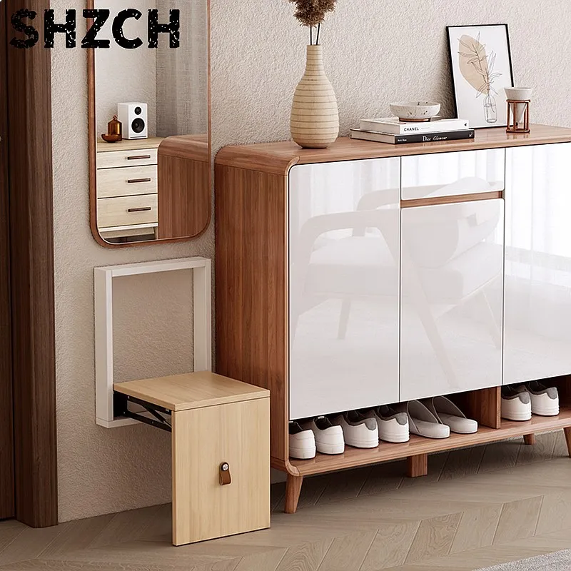 Simple Foldable Wall Mounted Shoe Bench Ultra Thin Space Saving Stool for Entryway