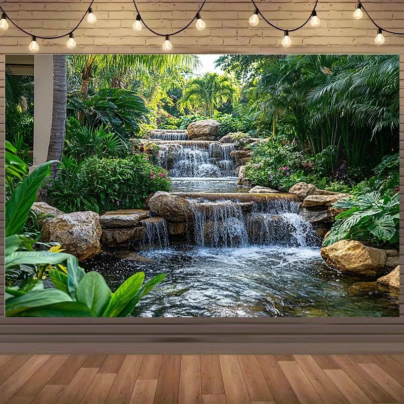Tropical Jungle Waterfall Stream Tapestry 2D Flat Green Plant Nature Wall Hanging for Living RoomBathroom Zen Decor FabricPoster