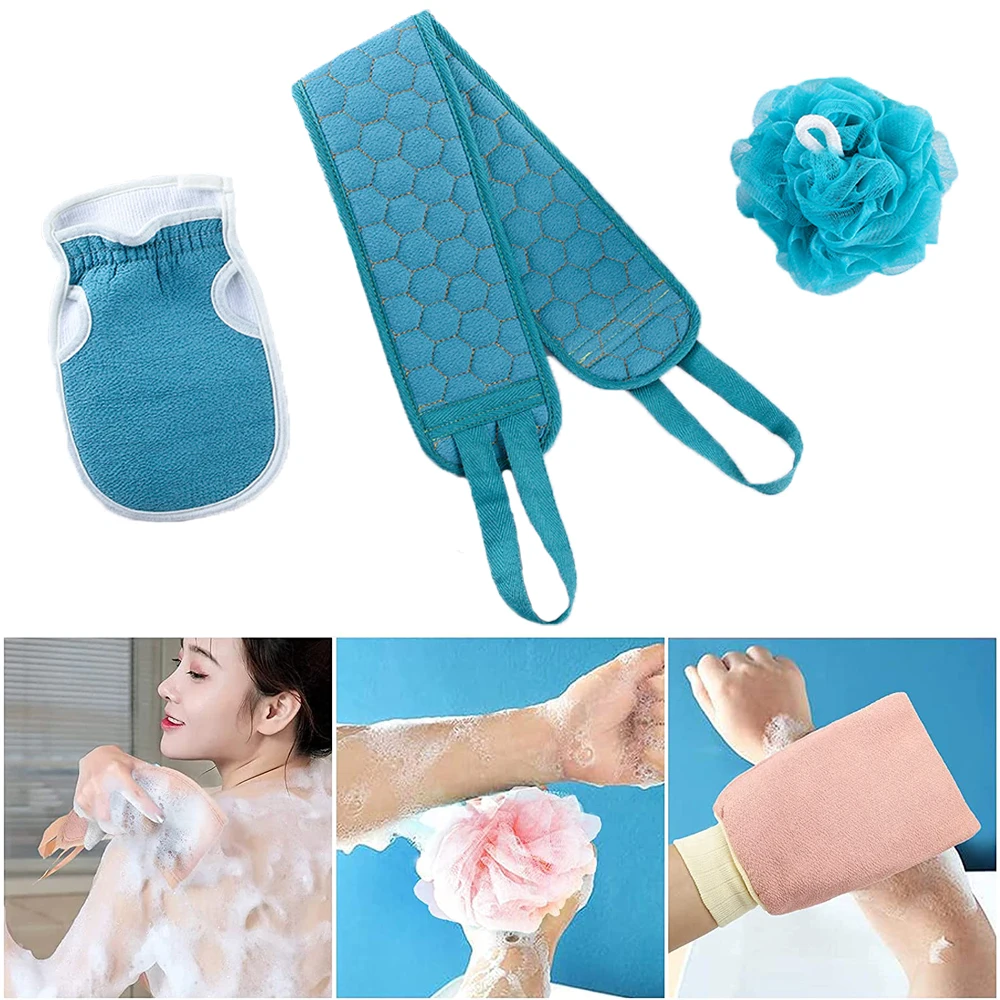 Exfoliating Back Scrubber Set 3PCS Back Scrubber with Exfoliating Glove and Bath Sponges Shower Loofahs Long Deep Clean Scrubber