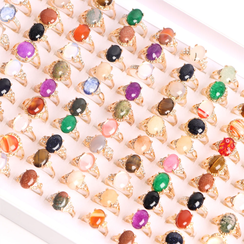 

50Pcs/Lot Fashion Colorful Natural Stone Rings For Women Mix Style Color High Quality Party Gifts Wedding Jewelry