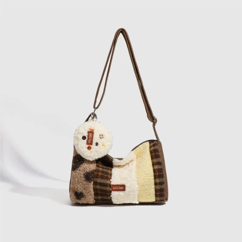 

JIAERDI Vintage Plush Furry Tote Bag Women Patchwork Large Capacity Shoulder Bag Ladies Harajuku Everyday Commuter Crossbody Bag