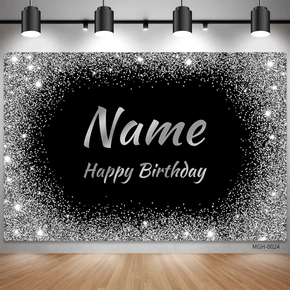 Custom Name Blue Birthday Wedding Background Sliver Glitter Photo Booth Background Happy Birthday Party Decoration Photocall