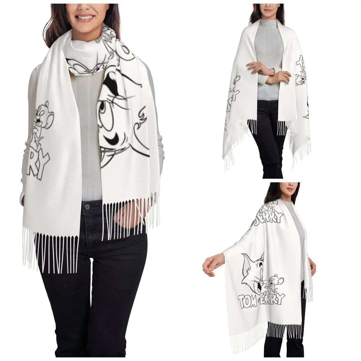 Tom And Jerry Black And White Logo Scarf for Women Winter Fall Pashmina Shawls and Wrap Long Shawl Scarf Ladies