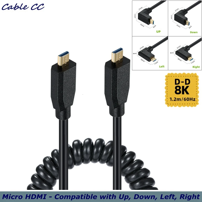 8K@ 60hz4k@120hz Spring Telescopic OD4.0mm Micro HDMI - compatible with D-male Elbow Gold-plated Adapter Cable