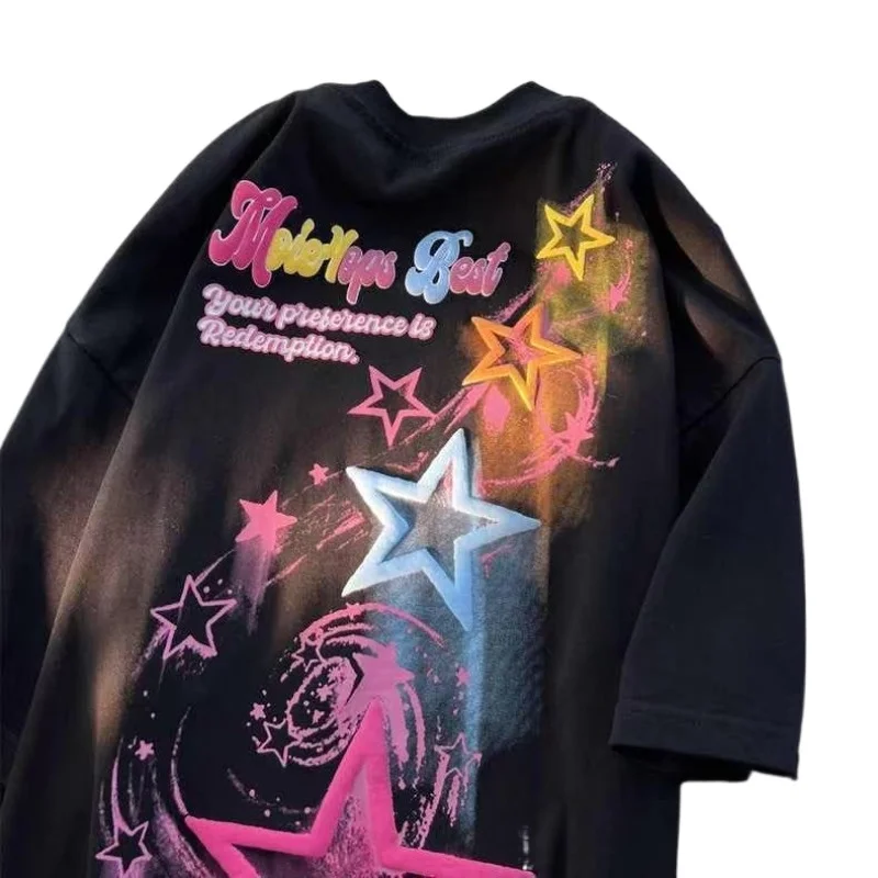 

90% Cotton American Star Printing Short-sleeved New Loose and Versatile Korean Version Campus Versatile Men's and Women's Tops