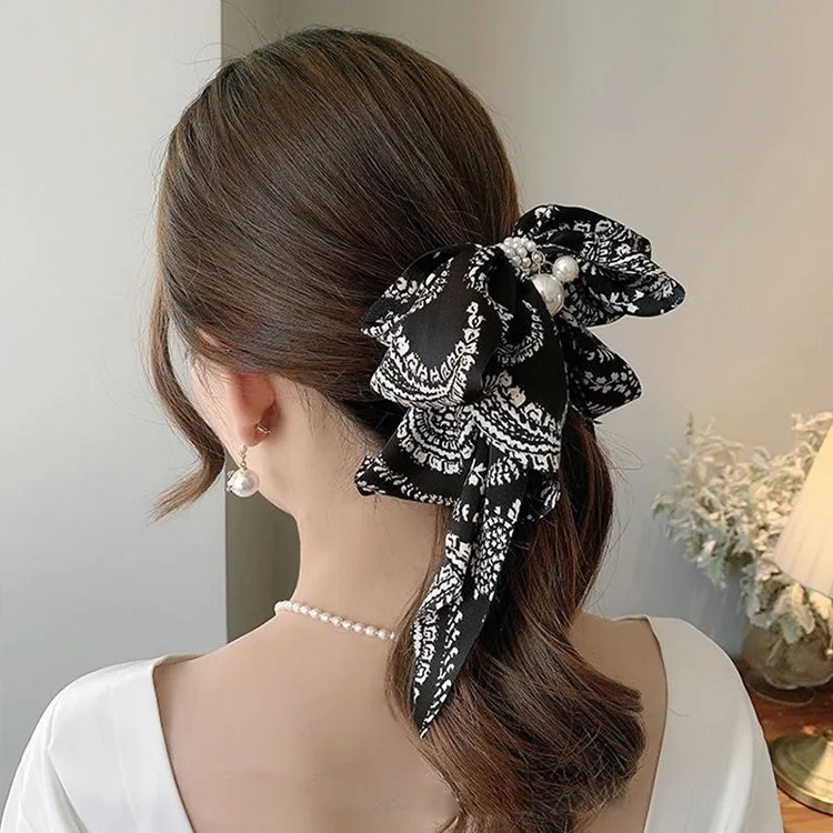 Vintage Thousand Bird Grid Large Bow Hairpin with Satin and Pearl Hairpin