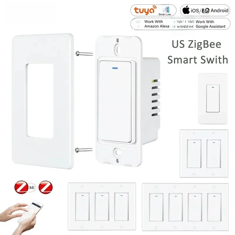 

США AU ZigBee 3.0 Tuya Smart Life Беспроводной кнопочный переключатель Настенный голосовой пульт дистанционного управления Два с нейтралью США 1 2 3 4 Gang