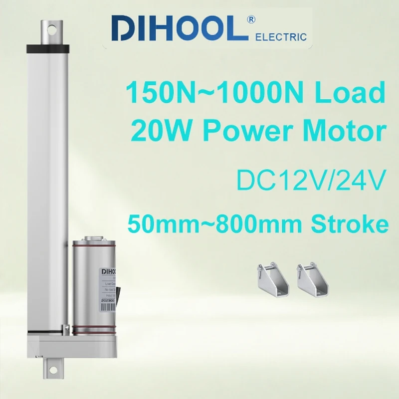Dihool 1000N DC12V/24V Electric Linear Actuator 100mm~800mm Stroke 20W Motor 15kg-100kg Load Capacity Aluminum Tube With Bracket