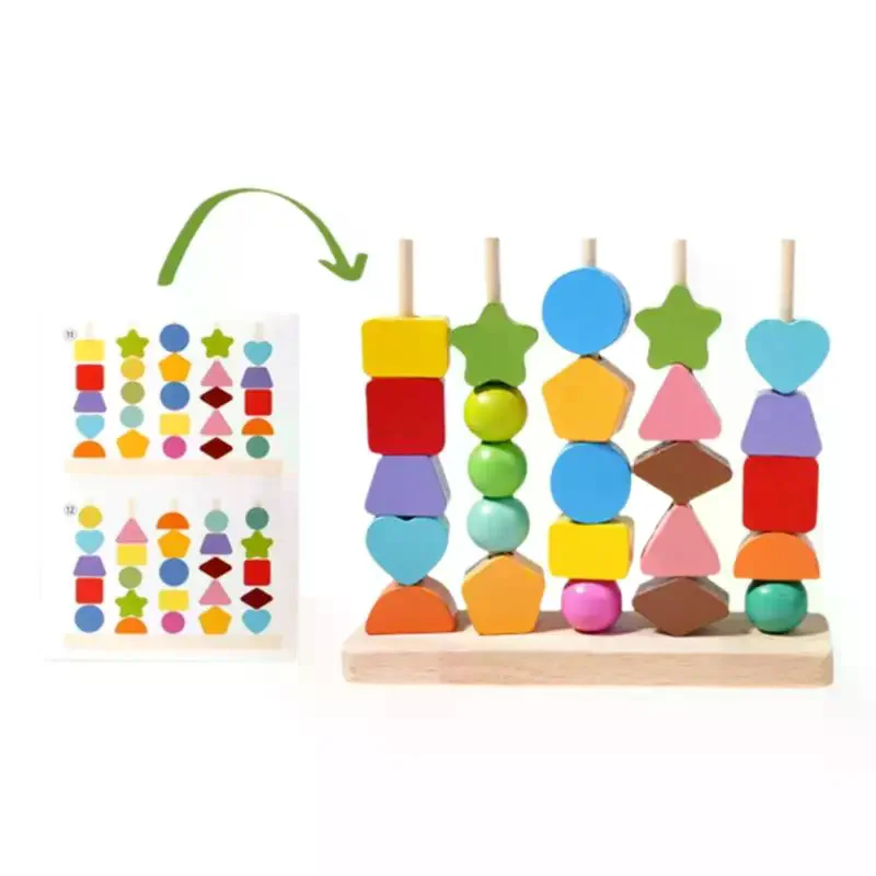 1 Set Stapelblöcke und Schnürperlen und passender Formstapler, frühes Lernspielzeug, Montessori-Holzperlen, Sequencing-Spielzeug, Geschenke