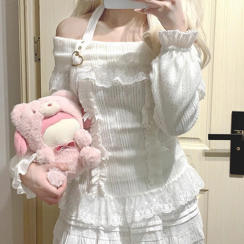 Outono inverno doce renda camisa de malha feminina um ombro pendurado pescoço japonês doce estética vintage manga longa topos novo