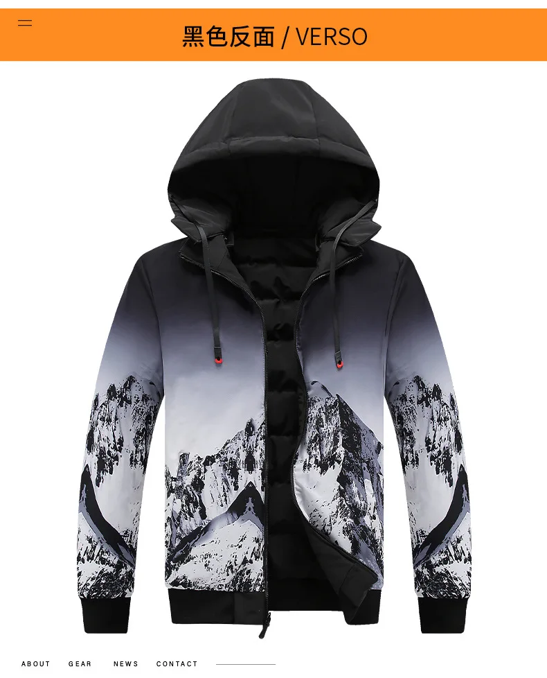 Men Winter Double-sided Parkas Jackets Mens Casual Snow Mountain Print Cotton Down Coats Thicken Warm Windproof Hooded Outwear